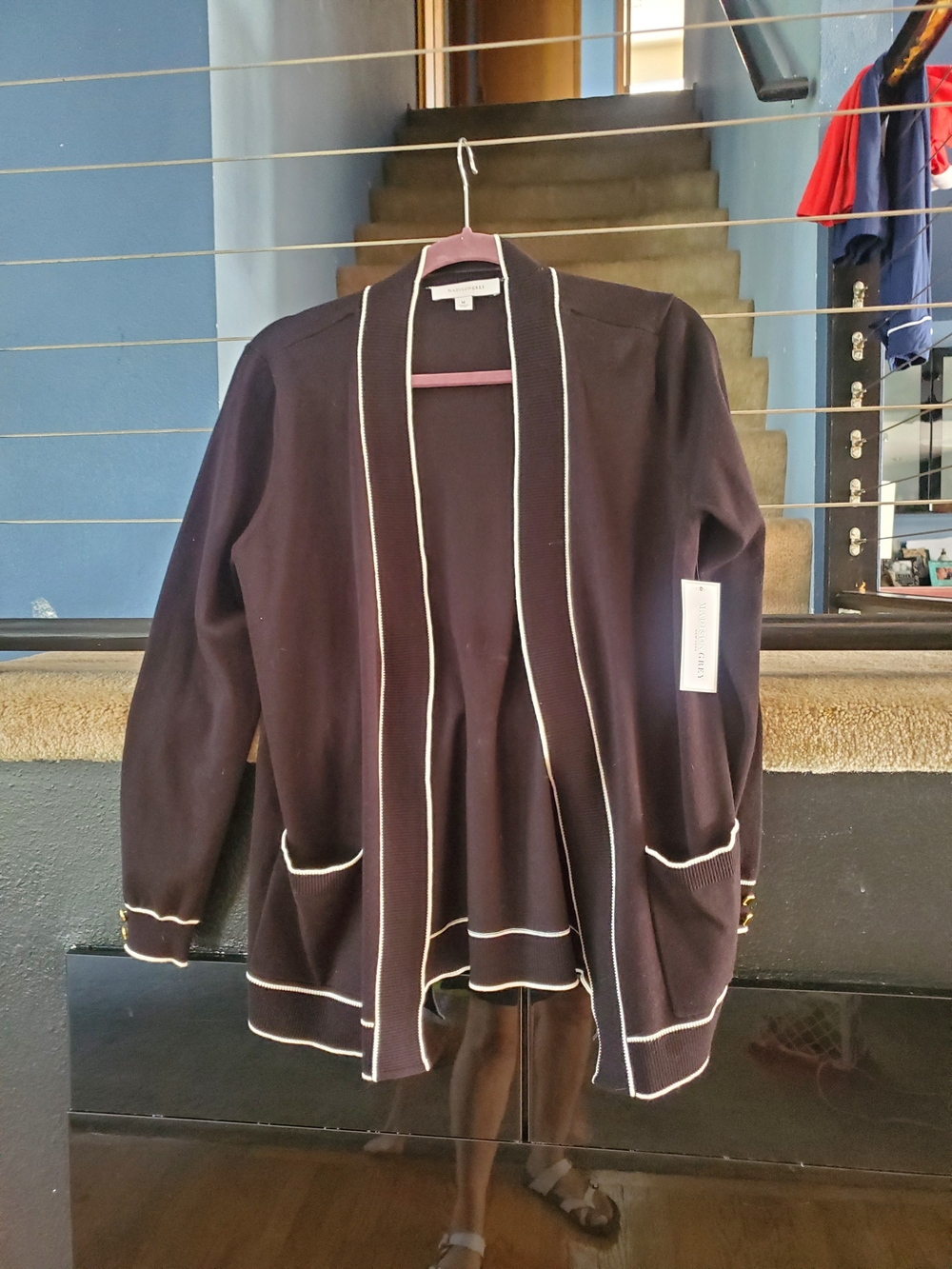 Black Open-Front Cardigan with White Trim